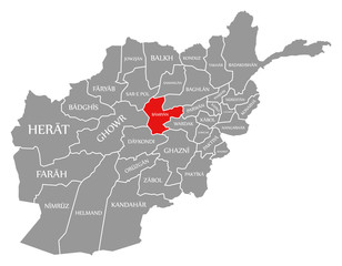 Bamiyan red highlighted in map of Afghanistan