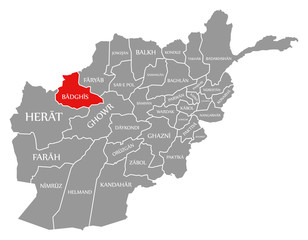 Badghis red highlighted in map of Afghanistan