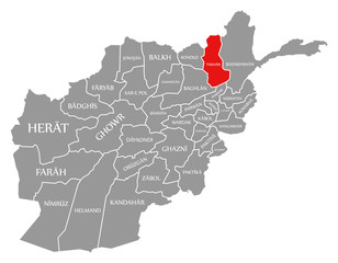 Takhar red highlighted in map of Afghanistan