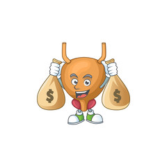 Blissful rich bladder cartoon character having money bags