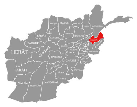 Nurestan red highlighted in map of Afghanistan