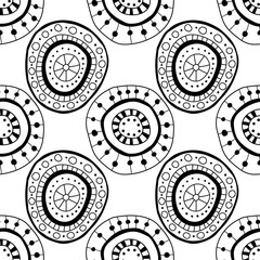 Black and white seamless pattern of decorative circles. Abstract, fantasy items for coloring.