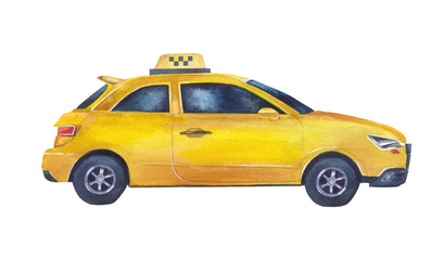 Fototapeta na wymiar Realistic yellow taxi on a white background. Side view of a car. Taxi service. Watercolor illustration for advertising delivery service. Hand-drawn. Isolated.