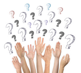 Collage of people raising hands and question marks on white background, closeup