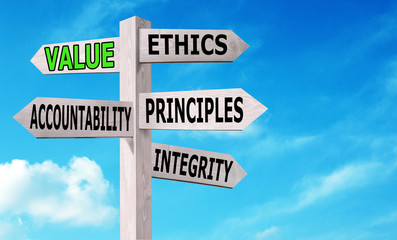Moral values concept. Wooden signpost with arrows pointing different directions against blue sky