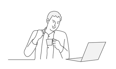 Man talking in a video conference. Contour drawing vector illustration.