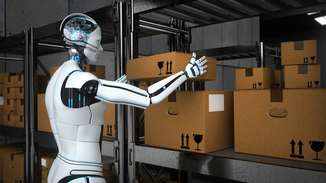 Humanoider Roboter arbeitet in einen Lagerhalle, Spedition 4.0