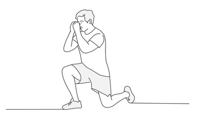 Man stretching legs outdoors doing forward lunge. Contour drawing vector illustration.