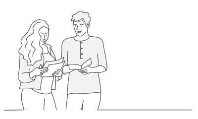 Woman and man with books. Student meeting. Contour drawing vector illustration. Line art. 