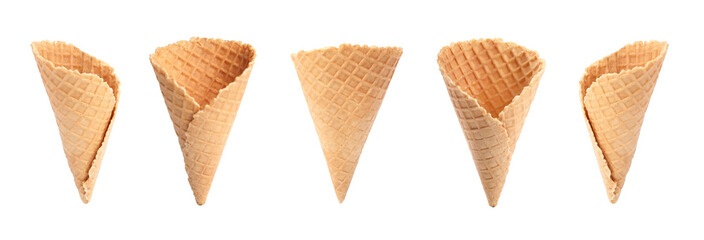 Set of empty wafer ice cream cones on white background. Banner design