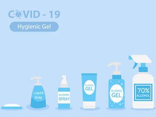 Set of Alcohol Gel, Alcohol Spray, Soap, Liquid Soap. kill virus by Wash hand and spray hand.Medical Health care concept,