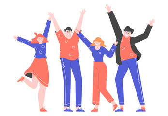 Group of happy people are standing together. Young men and women waving hands. Friendship and unity concept. Happy students isolated on white background. Flat vector illustration.