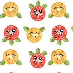 vector seamless pattern, fruit, citrus Kawai.Citrus slices in cartoon style, each with its own character, vivid colors.