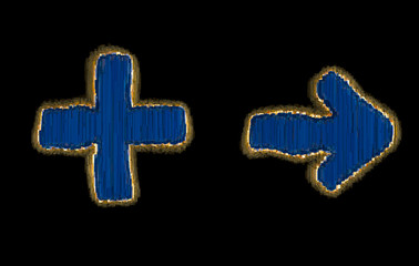 Obraz premium Set of symbols plus and arrow right made of industrial metal 3D