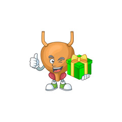 Smiley bladder cartoon character holding a gift box