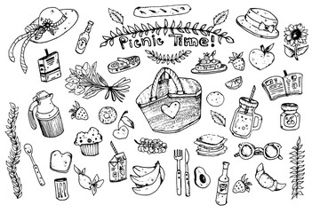 Picnic party doodle set. Various meals, drinks, ingredients and decoration elements. Vector line illustration isolated over white background.