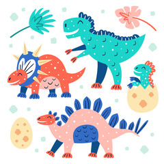 Set of little cute dinosaurs. Triceratops, T-rex, diplodocus, pteranodon, stegosaurus. Prehistoric animals. Jurassic world. Flat colourful vector illustration, art isolated on white background.