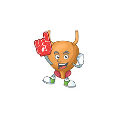 Cartoon character concept of bladder holding red foam finger