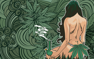 Design vector template with woman and cannabis leafs. 