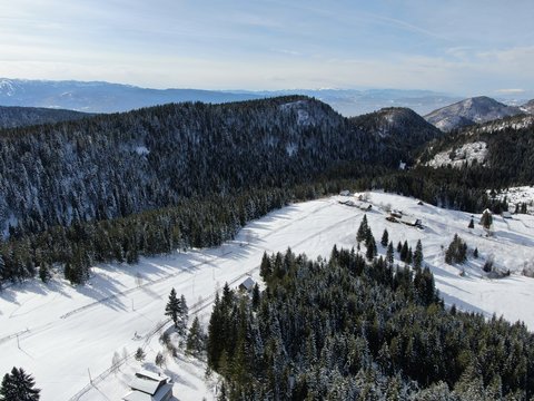 Aerial view of mountain village at winter, Trebevic mountain near Sarajevo, Bosnia and Herzegovina