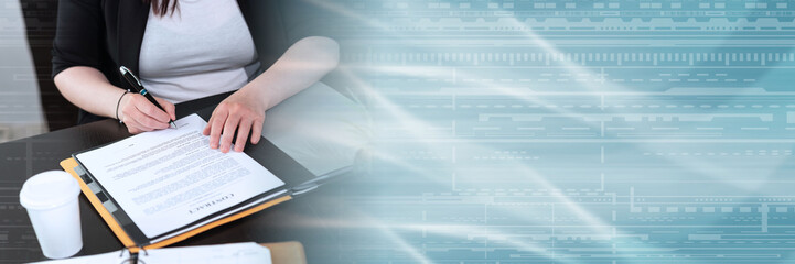 Businesswoman signing a document; panoramic banner