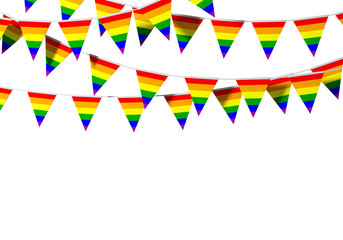 Gay pride flag festive bunting against a plain background. 3D Rendering
