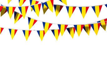 Fototapeta premium Romania flag festive bunting against a plain background. 3D Rendering