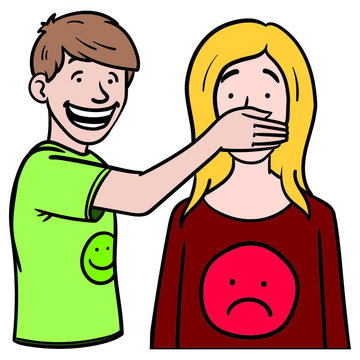 a boy covers a girl's mouth. optimist against pessimist. comic, vector.