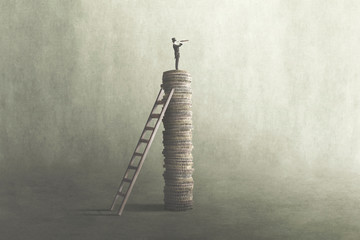 illustration of man on to of pile of golden coins observing the future with telescope, surreal concept