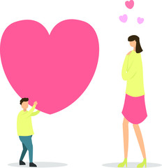 Mother's Day vector concept: Boy  giving his lovely mother a huge heart over the white background