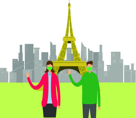 Couple wearing face mask in front of Eiffel Tower 