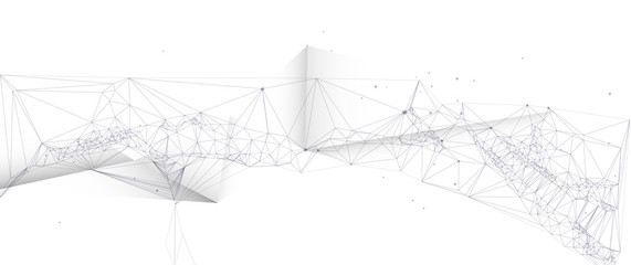 Vector illustration molecule, connected lines with dots and polygon shape on white color background. Abstract internet network connection design. Digital data,science and futuristic technology concept
