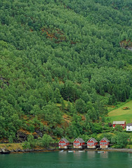 Fototapeta na wymiar Log cabins beside the fjord, Flam, Norway