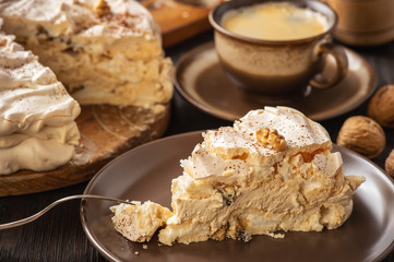 Homemade meringue walnut  cake with coffee mascarpone cream.