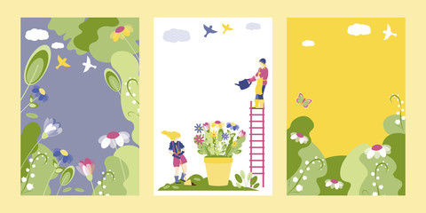 Obraz na płótnie Canvas Spring Vector set backgrounds with copy space for text, social media stories wallpapers, banners, posters, templates . Bright posters on spring and planting.