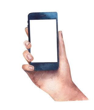 Phone in a female hand. Design with place for text. Online purchases, social networks and mobile applications. Illustration watercolor hand-drawn isolated on a white background.