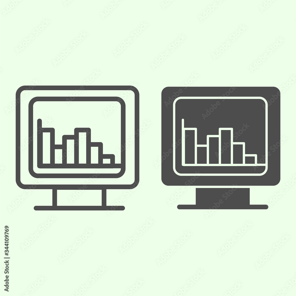 Poster computer graph line and solid icon. analytic or statistics chart on monitor screen outline style pic