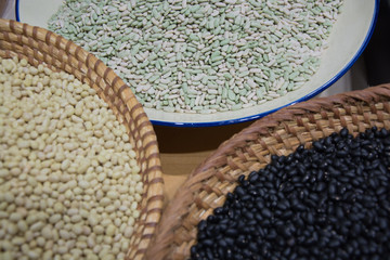 Three kinds of beans in baskets