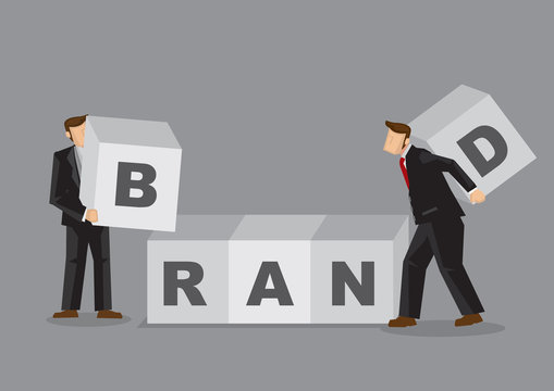 Business Professionals with Huge Building Blocks for Brand Building Cartoon Vector Illustration