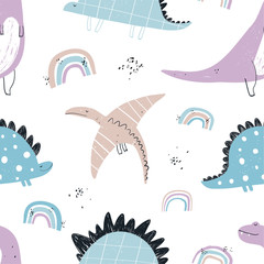 Vector hand-drawn colored seamless repeating children pattern with cute dinosaurs, rainbow in Scandinavian style on a white background. Baby pattern with dinosaurs. Cute baby animals.
