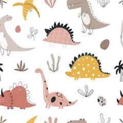 Motif d& 39 enfants répétés sans couture de couleur dessinés à la main de vecteur avec des dinosaures mignons, des plantes et des gribouillis dans un style scandinave sur fond blanc. Modèle de bébé avec des dinosaures. Mignons bébés animaux.