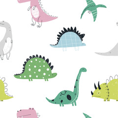 Modèle d& 39 enfants répétés sans couture de couleur dessinés à la main de vecteur avec des dinosaures mignons et des griffonnages dans un style scandinave sur fond blanc. Modèle de bébé avec des dinosaures. Mignons bébés animaux.