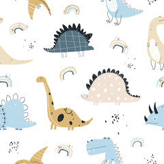 Vector hand-drawn colored seamless repeating children pattern with cute dinosaurs, rainbow in Scandinavian style on a white background. Baby pattern with dinosaurs. Cute baby animals.
