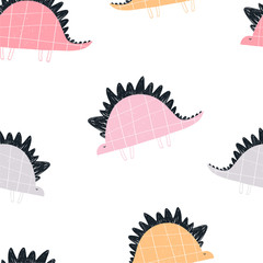 Vector hand-drawn colored seamless repeating children pattern with cute dinosaurs in Scandinavian style on a white background. Baby pattern with dinosaurs. Cute baby animals.
