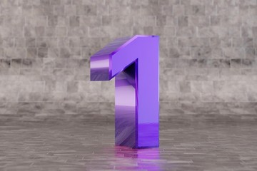 Violet 3d number 1. Glossy indigo number on tile background. 3d rendered font character.