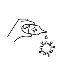 Black line icon antiseptic spray. Pictogram hands in hold bottle. Drop of alcohol falls on coronavirus. Antibacterial flask kills bacteria. Disinfectant concept. Vector glyph style. Contour design.
