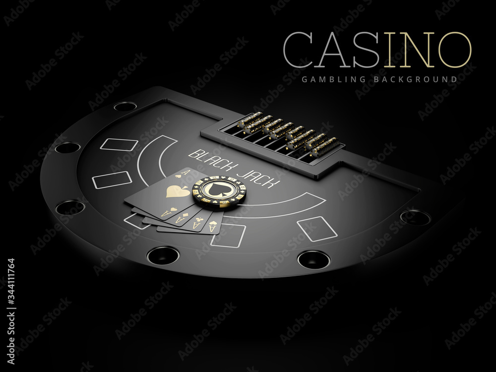 Poster 3d rendering of black jack table with a play carts and chip, clipping path included