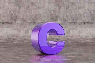 Violet 3d letter C lowercase. Glossy indigo letter on tile background. 3d rendered font character.