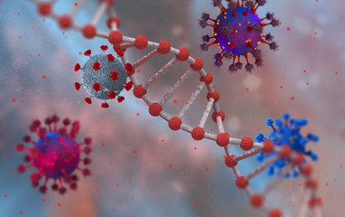 Coronavirus is a new type of virus that caused a pandemic, serious illness, flu, pneumonia, a danger to healthy cells, viral cells under a microscope, 3D rendering