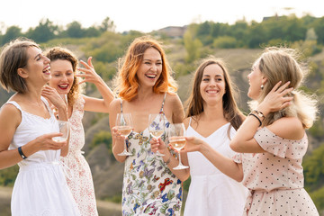 Fototapeta na wymiar The company of gorgeous female friends having fun, drink wine, and enjoy hills landscape picnic